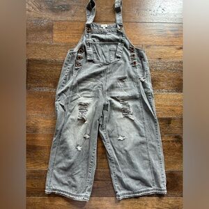 Easel Gray Distressed Overall Dress